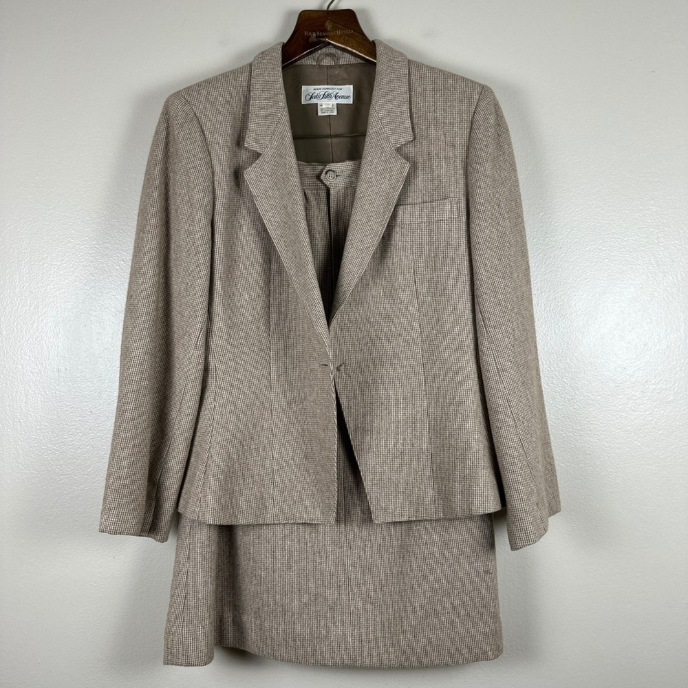 Saks Fifth Avenue Women's 12 Skirt Suit Tan Wool Blend Micro-Check Vintage Japan
